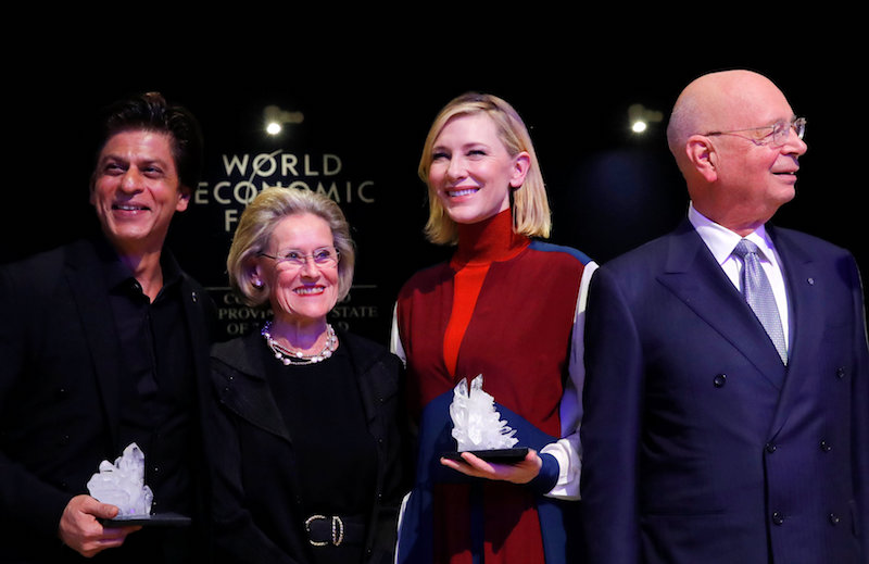 Cate Blanchett and Shah Rukh Khan pose for the media after receiving the Crystal Awards at the World Economic Forum in Davos January 22, 2018. u00e2u20acu201d Reuters pic