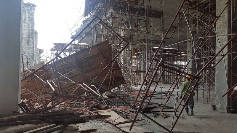 The construction site in Kajang riddled with fallen scaffolding. u00e2u20acu201d Picture courtesy of Selangor Fire and Rescue Department