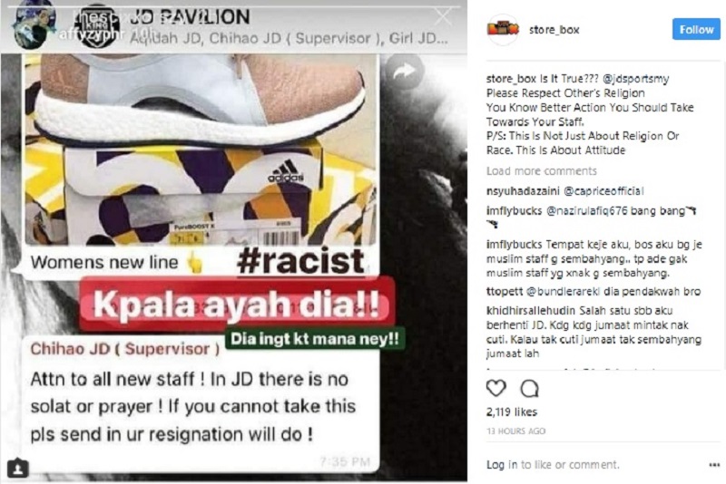 An Instagram user previously contacted the firm about an allegation that the outlet was barring its Muslim workers from performing their daily prayers. u00e2u20acu201d Screen capture via Instagram/ store_box