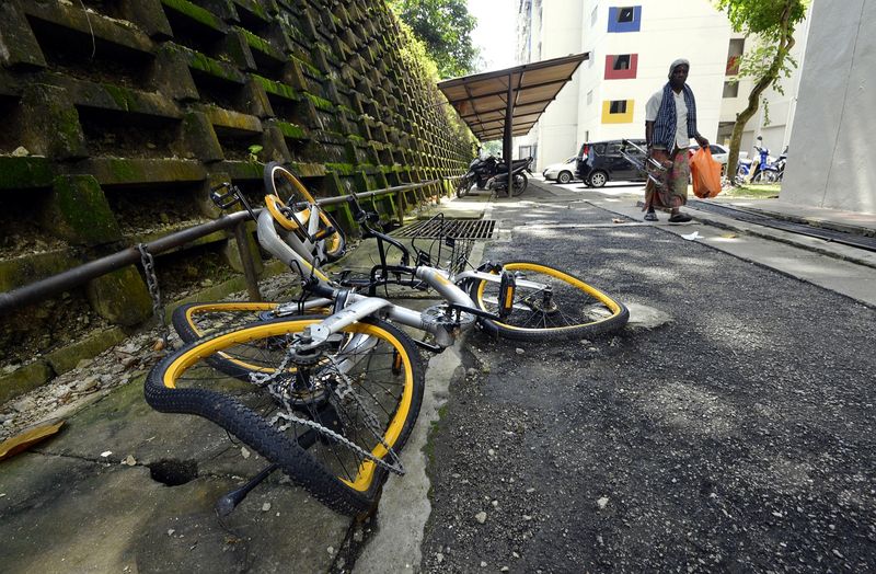 Several vandalised oBikes have been found at Flat Desa Rejang, Kuala Lumpur. oBikes is Malaysiau00e2u20acu2122s first global dockless bicycle sharing service. u00e2u20acu201d Picture by Ham Abu Bakar