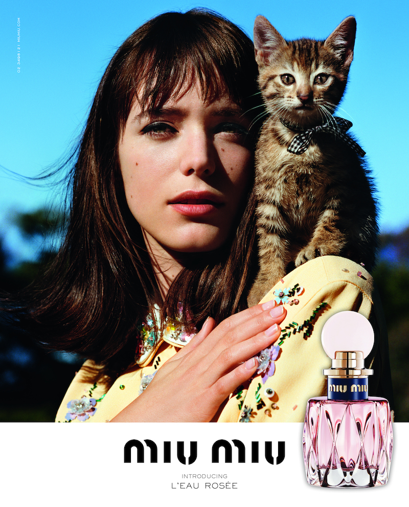 Stacy Martin fronts Miu Miu's new u00e2u20acu02dcLu00e2u20acu2122Eau Rosu00c3u00a9eu00e2u20acu2122 fragrance in a campaign shot by Alasdair McLellan. u00e2u20acu201d Picture courtesy of Miu Miu