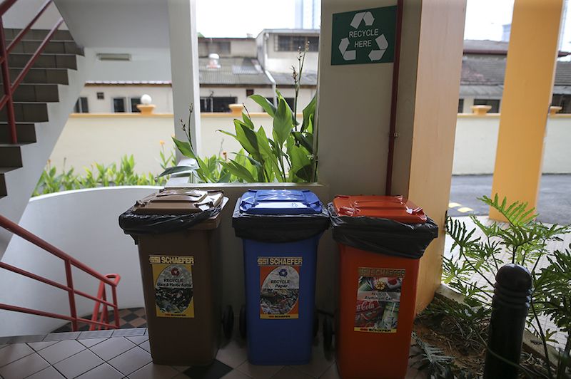 Recycling bins are seen at a middle-cost apartment is seen in Petaling Jaya January 19, 2018. u00e2u20acu201d Picture by Azneal Ishak.