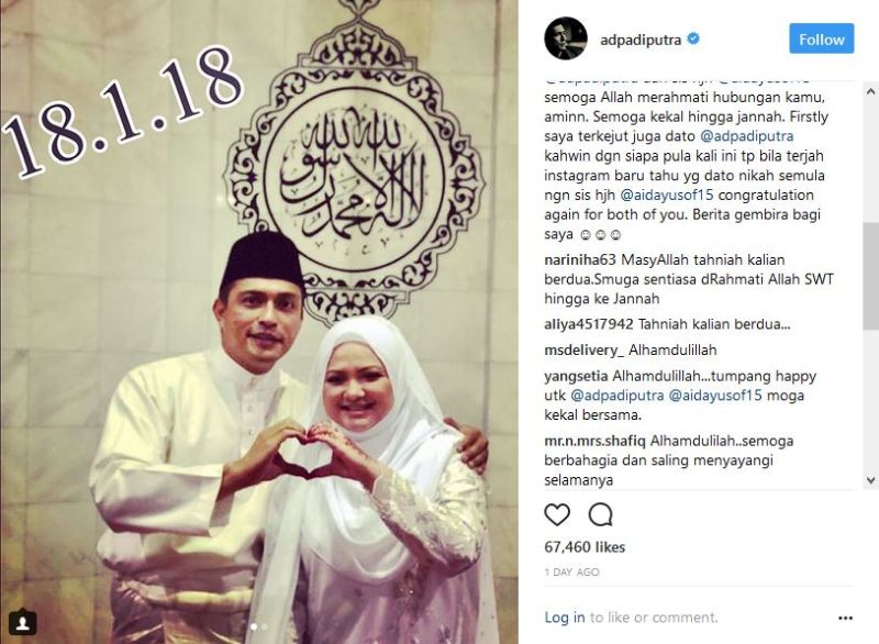 Adi Putra and Aida Yusof pose as a married couple once again after their remarriage. u00e2u20acu201d Instagram/@adpadiputra
