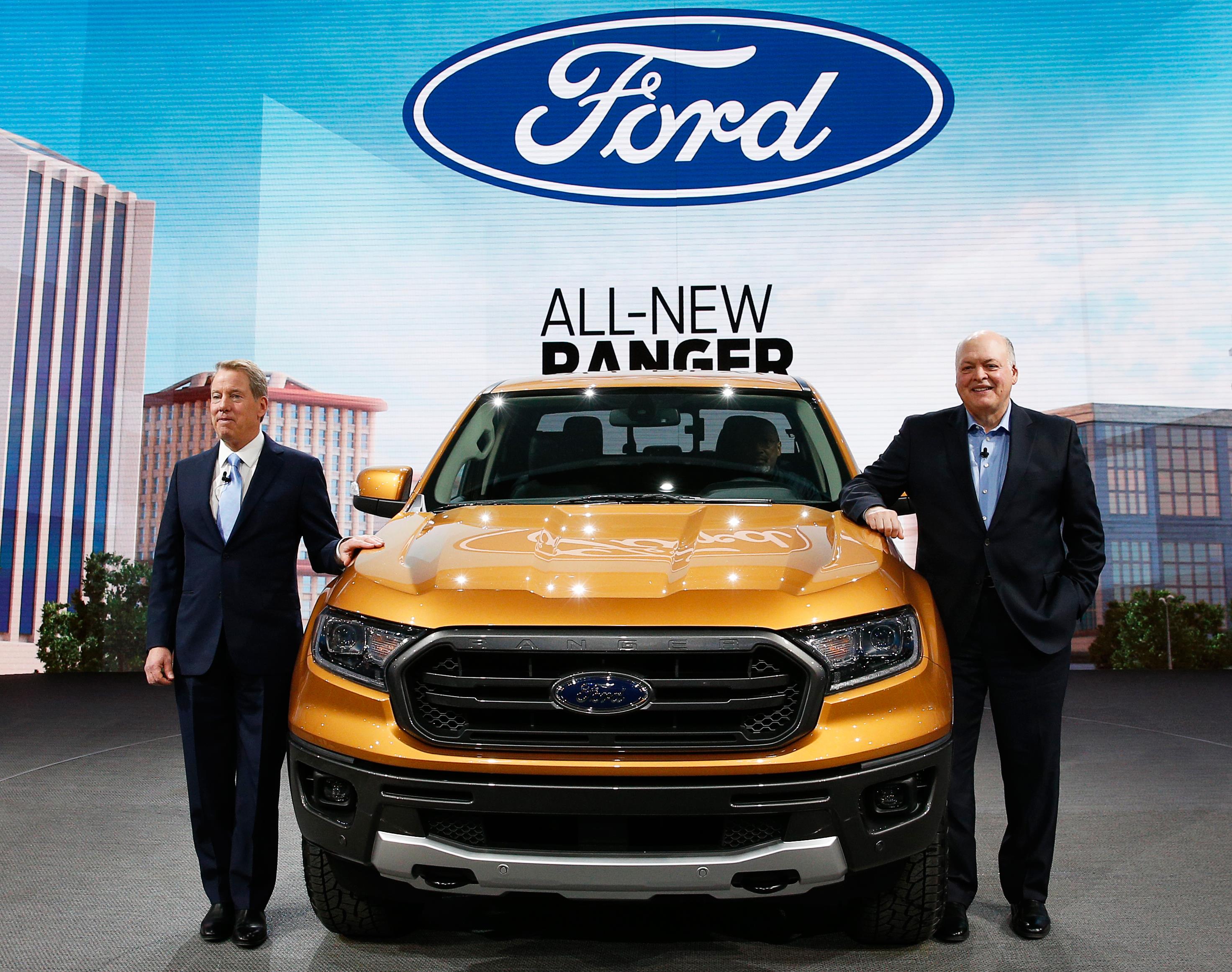 nBill Ford (left) and Jim Hackett during the Ford press preview at the North American International Auto Show in Detroit, Michigan, January 14, 2018. u00e2u20acu201d Reuters picn