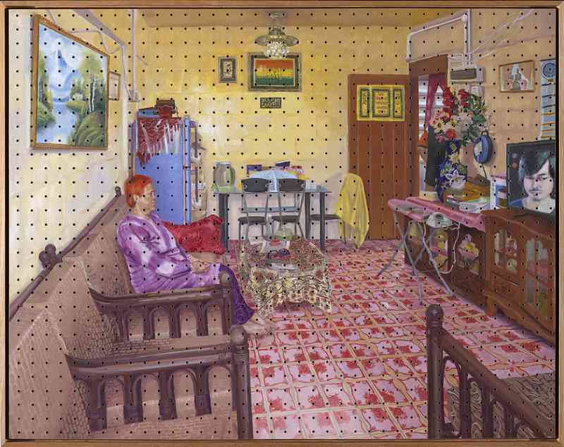 Pegboard Series: The House of Melayu Chic (2017), oil on perforated board.