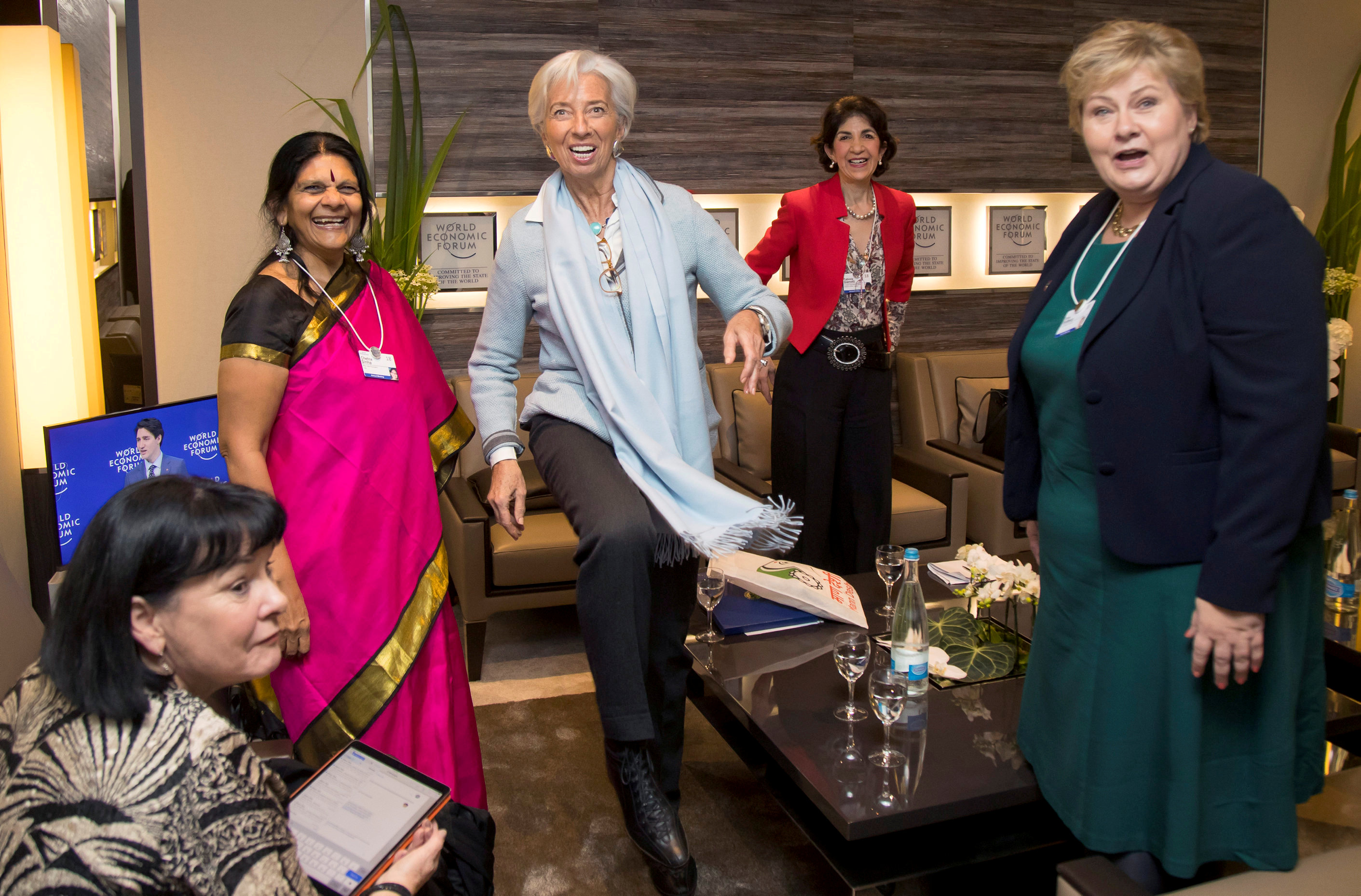 Christine Lagarde reacts after kicking a football given her by Erna Solberg (right), while Sharan Burrow,  Chetna Sinha and Fabiola Gianotti  watches in Davos, Switzerland January 23, 2018.  u00e2u20acu201d Reuters picn