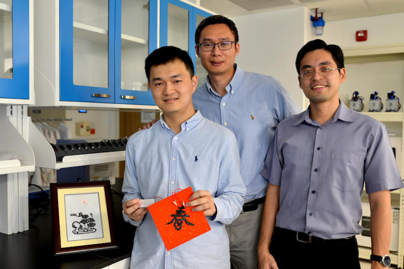 (From left) NTU Singapore PhD student Lv Zhisheng, Professor Chen Xiaodong and A*STAR senior scientist Dr Loh Xian Jun are part of the team that developed the customisable power source. u00e2u20acu201d Handout via TODAY
