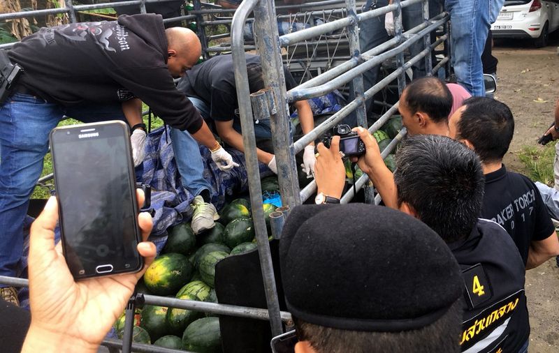 Thailandu00e2u20acu2122s anti-drug police stopped a lorry carrying watermelons, January 22, 2018 and found 300kg of Ice (crystal methaphetamine) being transported to southern Thailand before being smuggled into Malaysia via Sungai Golok. u00e2u20acu201d Bernama pic