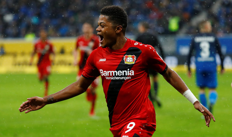 Leon Bailey celebrates scoring Bayer Leverkusen's first goal in the Bundesliga match with Hoffenheim at Sinsheim January 20, 2018. u00e2u20acu201d Reuters pic