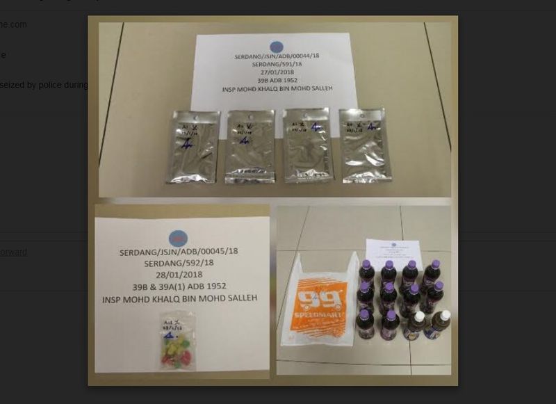 The drinks, pills, and sachets seized by police during the arrest in Seri Kembangan on January 27, 2018. u00e2u20acu201d Picture courtesy of Royal Malaysian Police