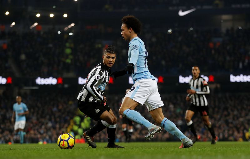 Manchester Cityu00e2u20acu2122s Leroy Sane in action before Sergio Aguero scores their third goal during their Premier League match against Newcastle United at Etihad Stadium, Manchester, January 20, 2018. u00e2u20acu201d Reuters pic
