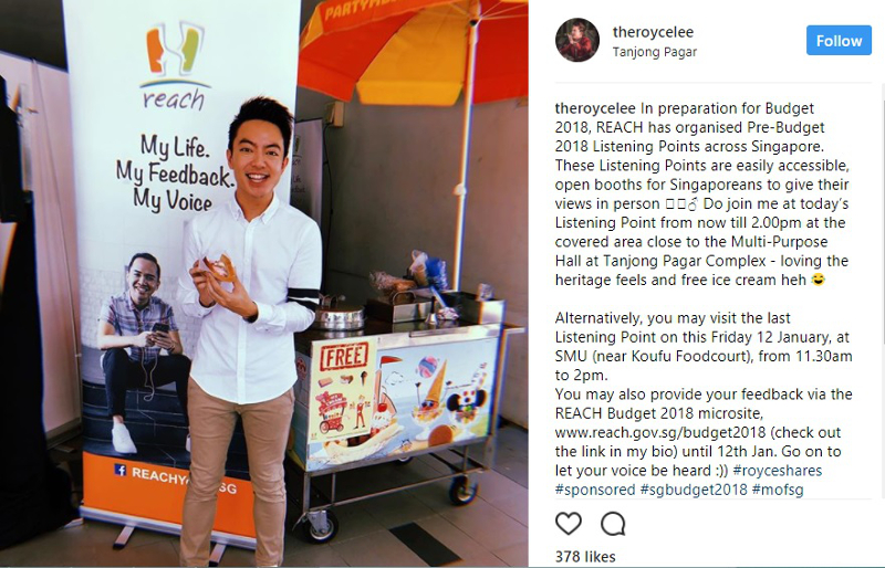 Singaporeu00e2u20acu2122s Finance Ministry hired more than 50 users on the platform to seek feedback from their followers about the forthcoming budget and ask them to head to booths in the city-state to share their views. u00e2u20acu201d Picture via Instagram/theroycelee