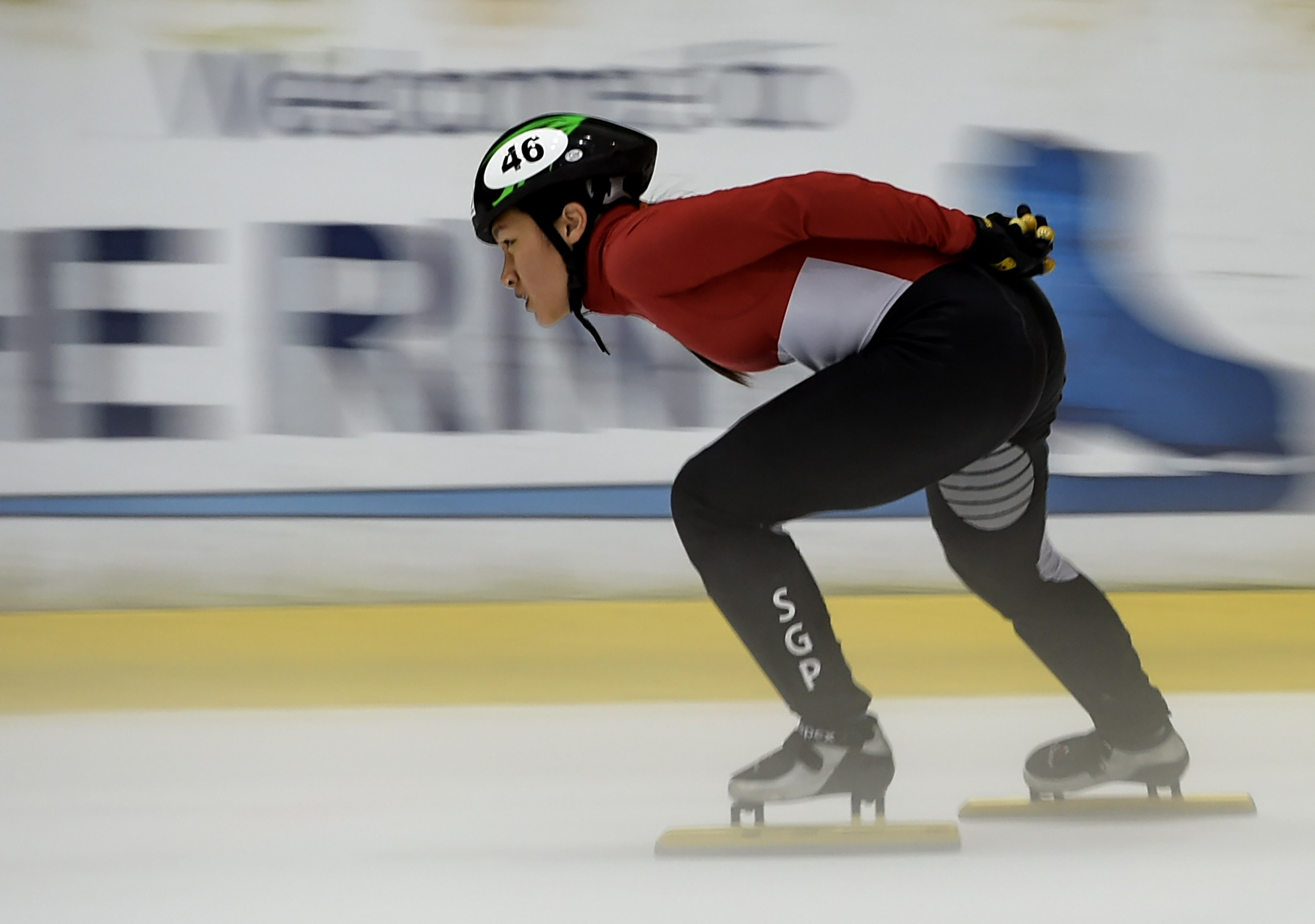 This photo taken on December 6, 2017 shows Singapore speed skater Cheyenne Goh skating during a training session at an ice rink in Singapore.u00e2u20acu201d AFP pic