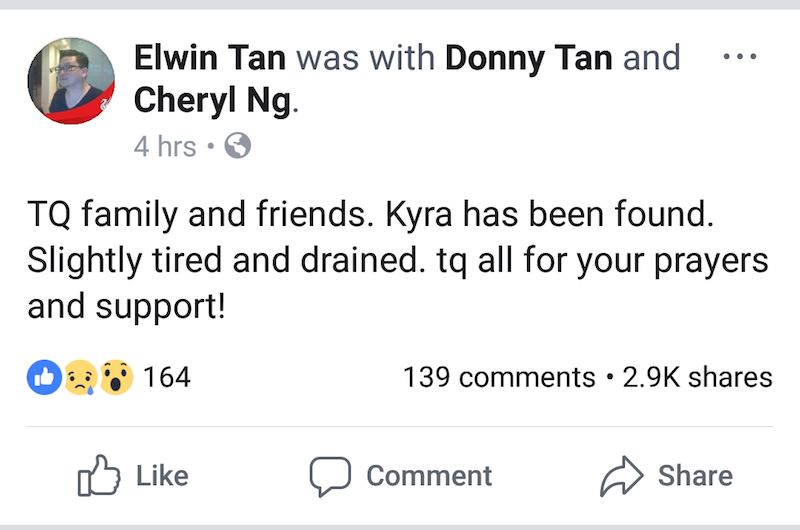 Elwin Tan posted a message on his Facebook account after Kyra was found.