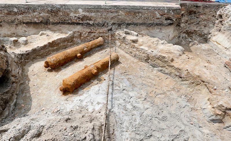 The two cannons that were discovered near the entrance to Fort Cornwallis in George Town February 19, 2018. — Picture by Sayuti Zainudin