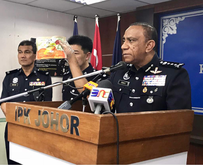 Johor police chief Datuk Mohd Khalil Kader Mohd said the seized drugs from the syndicate consisted of syabu (crystal methamphetamine), ecstasy, Erimin 5 and ketamine. u00e2u20acu201d Picture by Ben Tan