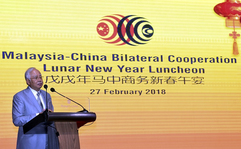 Prime Minister Datuk Seri Najib Razak speaks during the Malaysia-China Bilateral Cooperation Lunar New Year luncheon in Kuala Lumpur February 27, 2018. u00e2u20acu201d Bernama pic