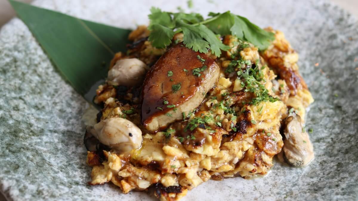 The Foie Gras and Jumbo Oyster Omelette is a luxed up version of a hawker dish. 