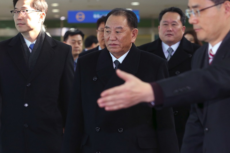 Kim Yong Chol (centre), who leads a North Korean high-level delegation to attend the Pyeongchang 2018 Winter Olympic Games closing ceremony, arrives at the inter-Korea transit office in Paju on February 25, 2018. u00e2u20acu2022 AFP pic