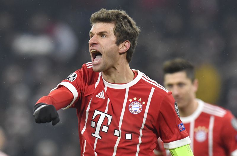 Bayern Munichu00e2u20acu2122s midfielder Thomas Mueller celebrates after he scored a second goal during the Uefa Champions League round of sixteen first leg football match Bayern Munich vs Besiktas Istanbul on February 20, 2018 in Munich. u00e2u20acu201d AFP pic