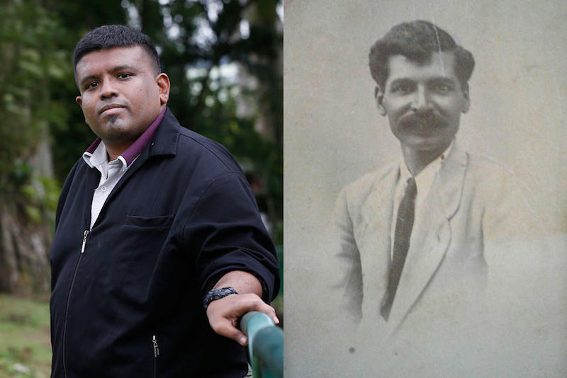 Vicnan Oolaganathan (left), senior customer service officer with SBS Transit, remembers fondly the stories of his grandfather Krishnasamy Sundram Naidu, who used to work on trains with Malaysian railway operator, KTM Berhad. u00e2u20acu201d TODAY pic