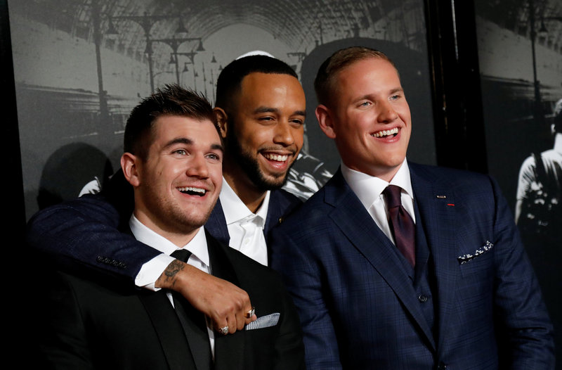 Cast members Skarlatos, Sadler and Stone pose at a premiere for 'The 15:17 to Paris' in Burbank, California February 5, 2018. u00e2u20acu201d Reuters pic 