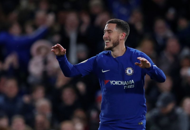 Chelsea's Eden Hazard celebrates after scoring the first goal against West Bromwich Albion. u00e2u20acu2022 Reuters pic