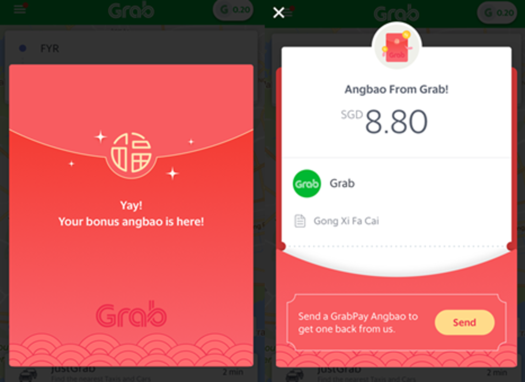 Ride-hailing company Grab's new electronic red packet service will allow users to send and receive angbao in the form of GrabPay credits through its app. u00e2u20acu201d Picture courtesy of Grab