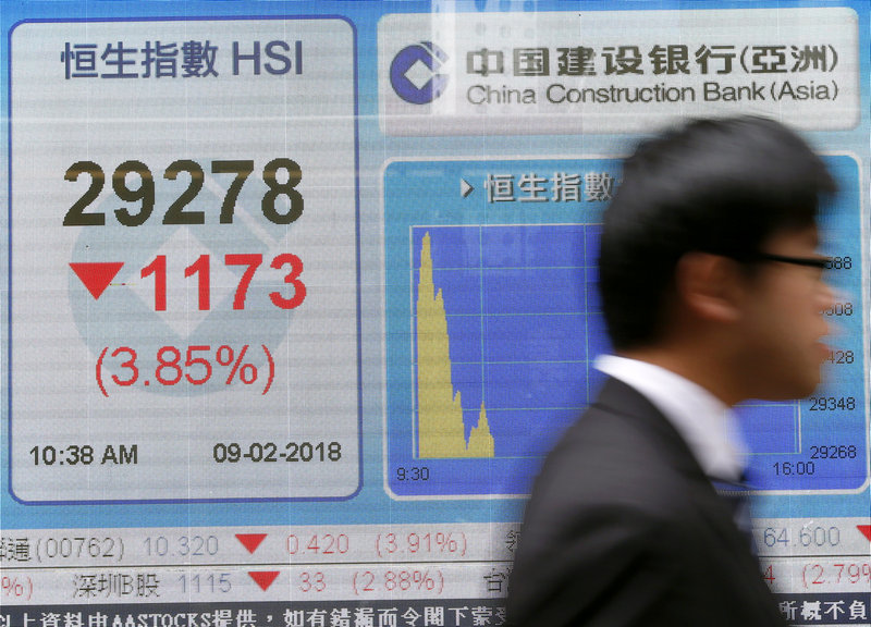 The falling Hang Seng Index is shown on a panel outside a bank in Hong Kong February 9, 2018. u00e2u20acu201d Reuters pic 