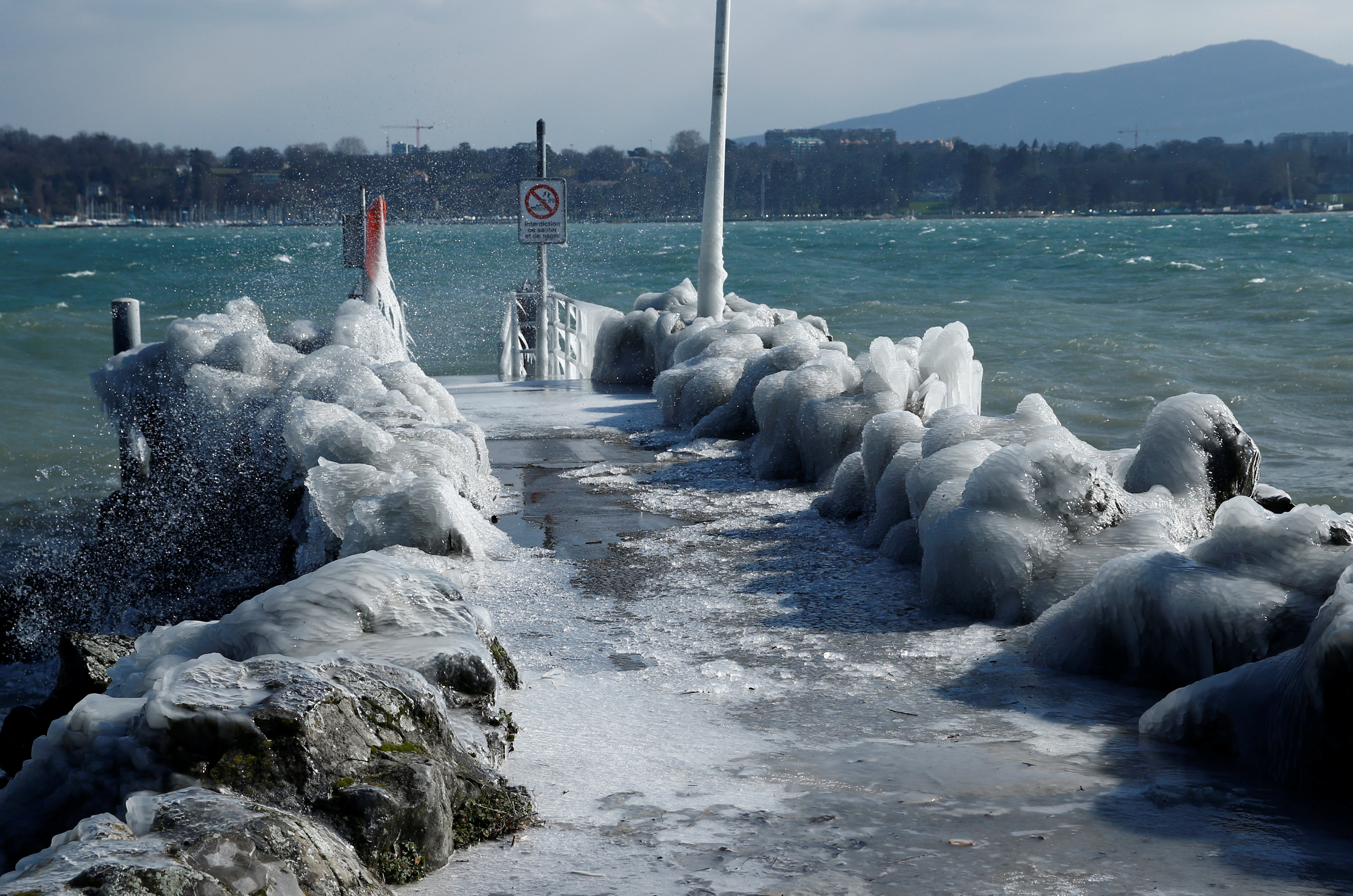 A frozen pier is seen during a windy winter day near Lake Leman in Geneva, Switzerland, February 26, 2018. u00e2u20acu201d Reuters pic