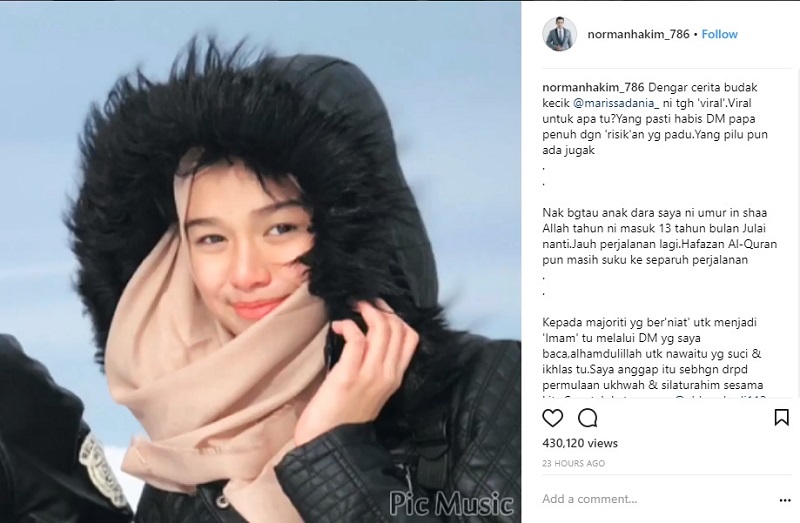 Norman addresses internet users who are eager to marry his 12-year-old daughter on Instagram. u00e2u20acu201c Picture from Instagram (@normanhakim_786)