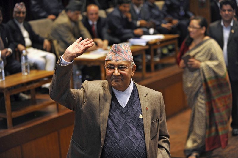 File picture shows Nepalu00e2u20acu2122s prime minister K.P. Sharma Oli waving after casting his vote in an election for Nepalu00e2u20acu2122s new president in Kathmandu, October 28, 2015. u00e2u20acu201d AFP pic