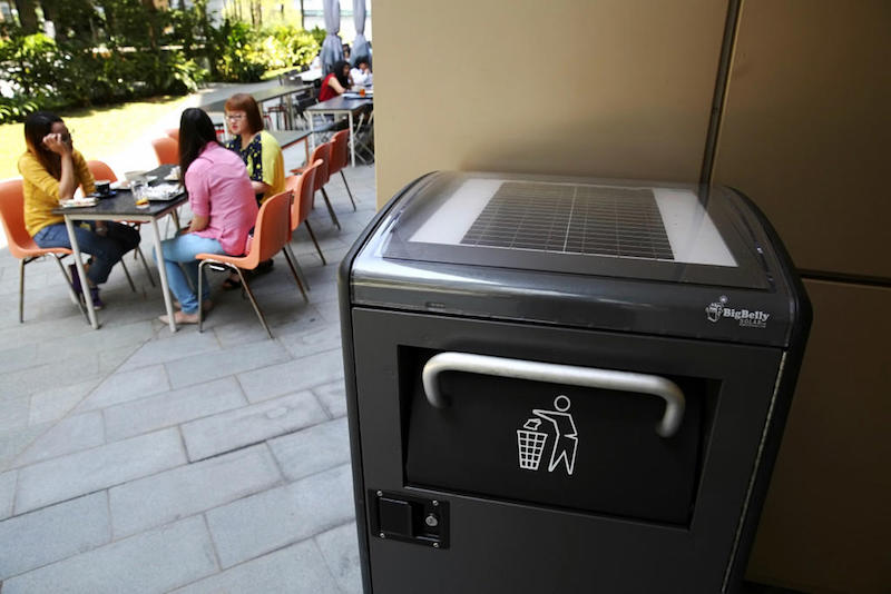 Smart solar-powered bins are seen in Biopolis in Singapore. u00e2u20acu201d TODAY pic