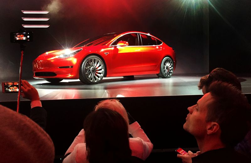A Tesla Model 3 sedan, its first car aimed at the mass market, is displayed during its launch in Hawthorne, California, March 31, 2016. u00e2u20acu201d Reuters pic
