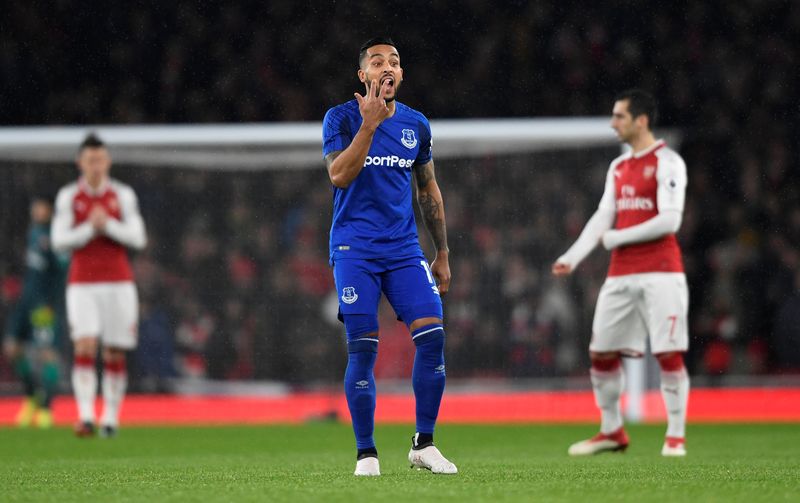 Evertonu00e2u20acu2122s Theo Walcott gestures during their Premier League match against Arsenal at Emirates Stadium, London, February 3, 2018. u00e2u20acu201d Reuters pic