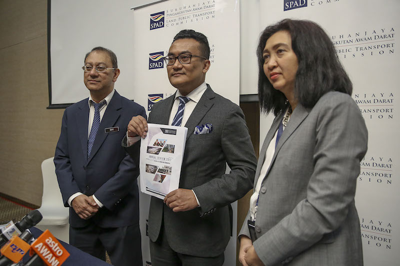 (From left) SPAD chief development officer Dr Prodyut Dutt, chief executive officer Mohd Azharuddin Mat Sah and chief operating Officer Qamar Wan Noor at the Sime Darby Convention Centre, Kuala Lumpur March 6, 2018. u00e2u20acu201d Picture by Yusof Mat Isa