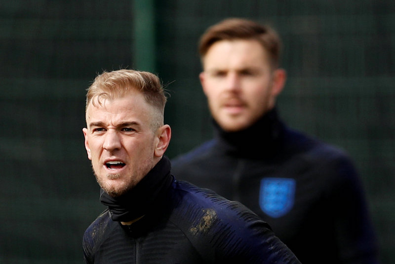 Englandu00e2u20acu2122s Joe Hart and Jack Butland are seen during training at St. Georgeu00e2u20acu2122s Park, Burton Upon Trent, March 20, 2018. u00e2u20acu201d Action Images pic via Reuters