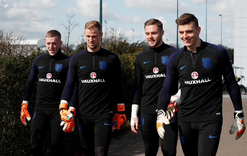Englandu00e2u20acu2122s Jordan Pickford, Joe Hart, Jack Butland and Nick Pope during training in London March 26, 2018. u00e2u20acu201d Picture by Action Images via Reuters