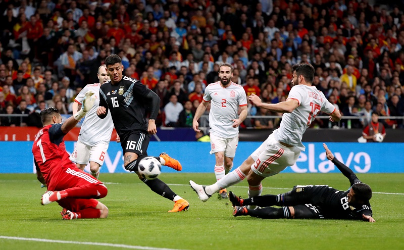 Spain's Diego Costa scores their first goal against Argentina in Madrid March 27, 2018. u00e2u20acu201d Reuters pic 