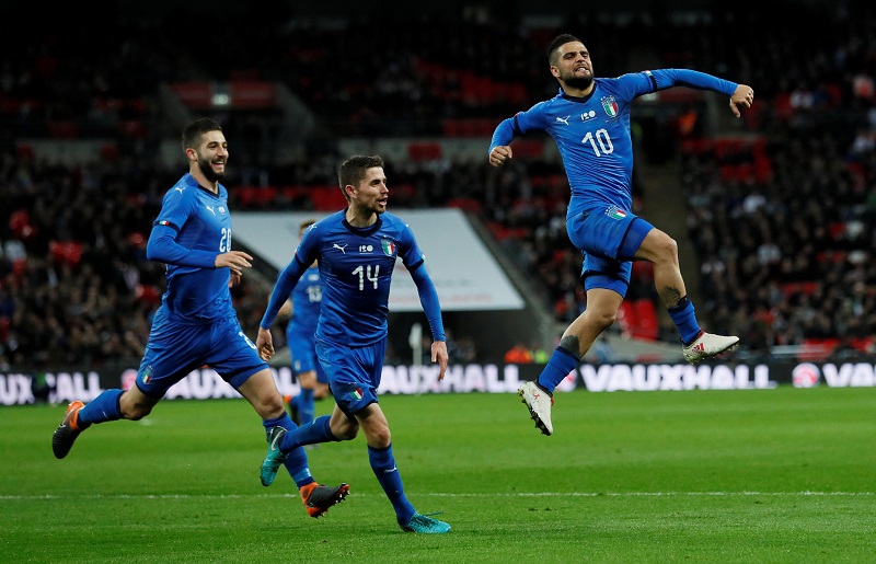 Italy's Lorenzo Insigne celebrates scoring their first goal against England in London March 27, 2018. u00e2u20acu201d Reuters pic