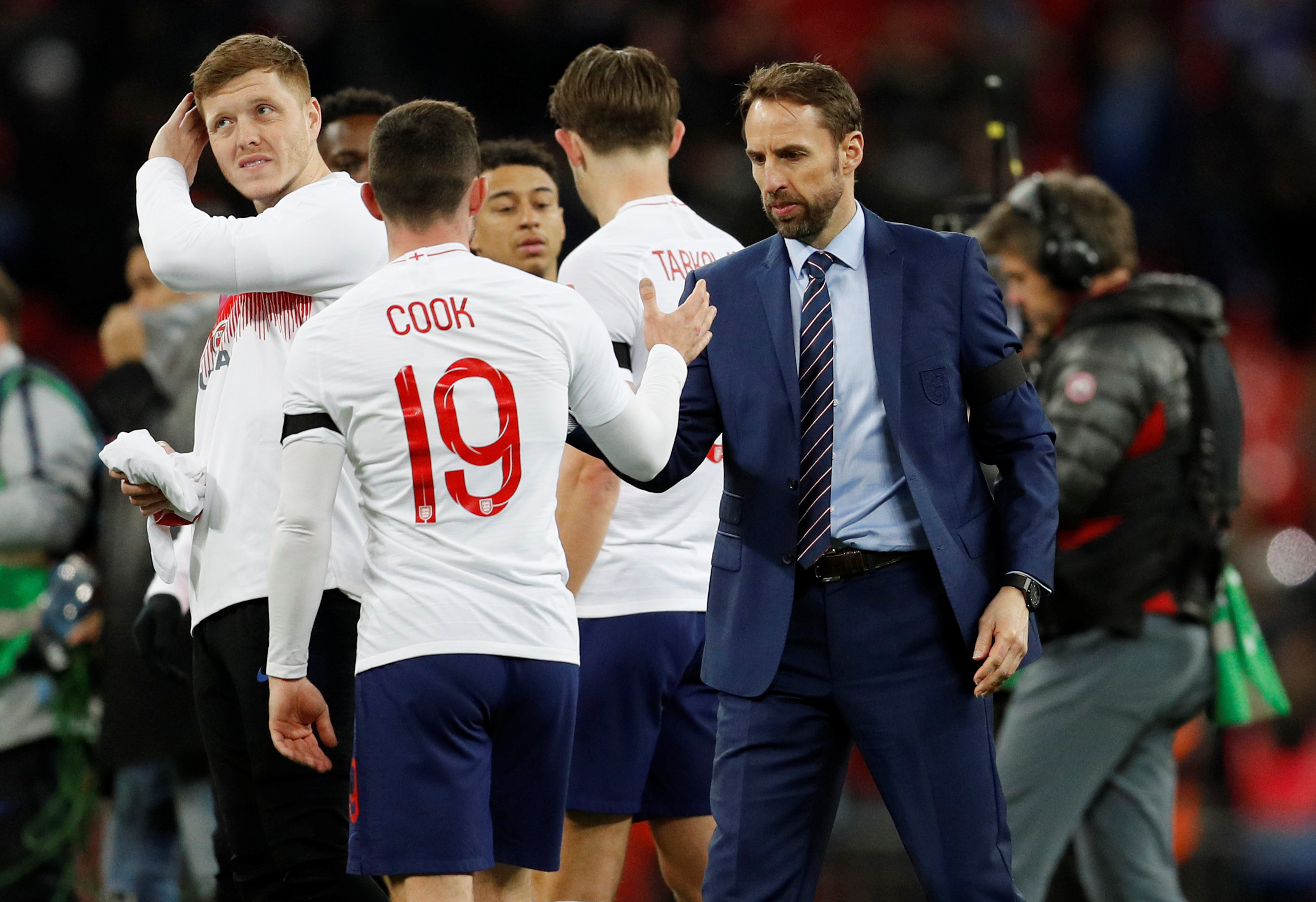 England manager Gareth Southgate and Lewis Cook after the match against Italy in London March 27, 2018. u00e2u20acu201d Reuters pic