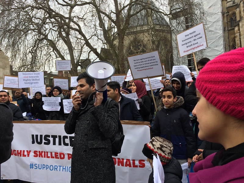 A protest by highly skilled migrants outside the UK Parliament in London on February 21, 2018, against UK visa rules that they considered discriminatory.