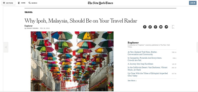 The article details how Ipoh has grown from a sleepy village in the Kinta Valley to become one of Malaysia's hippest destinations.  u00e2u20acu201d Screen capture from NYT