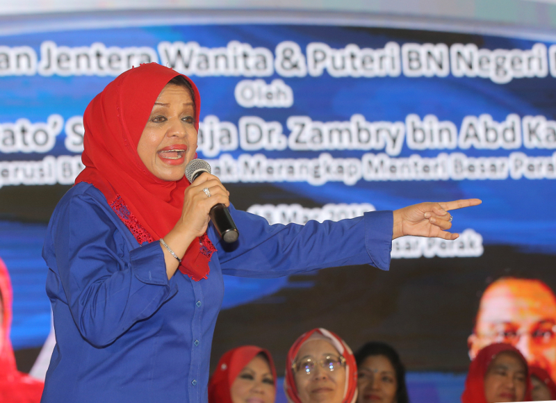 Wanita Umno chief Sri Shahrizat Abdul Jalil gives a speech during the launch of Perak Barisan Nasional's Wanita and Puteri machinery in Perak March 18, 2018. u00e2u20acu201d Picture by Marcus Pheong