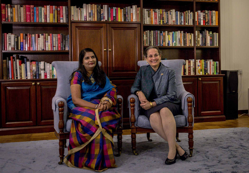 Indira Gandhi and US Ambassador to Malaysia Kamala Shirin Lakhdhir speak during a press conference at the US embassy in Kuala Lumpur March 28, 2018. u00e2u20acu201d Picture by Firdaus Latif