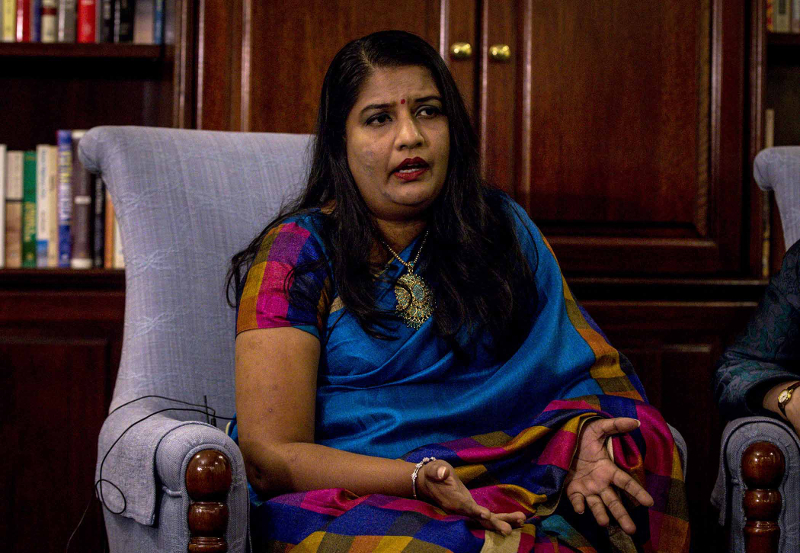 Indira Gandhi speaks during a press conference at the US embassy in Kuala Lumpur March 28, 2018. — Picture by Firdaus Latif