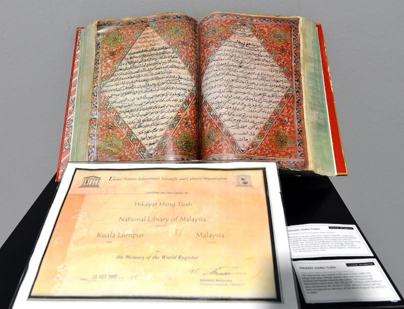 A copy of u00e2u20acu02dcHikayat Hang Tuahu00e2u20acu2122 is seen at the exhibition u00e2u20acu02dcAlegori: Contemporary Art Expressions from Malay Manuscriptsu00e2u20acu2122 at Galeri Petronas in Kuala Lumpur January 17, 2018. u00e2u20acu201d Picture by Ham Abu Bakar
