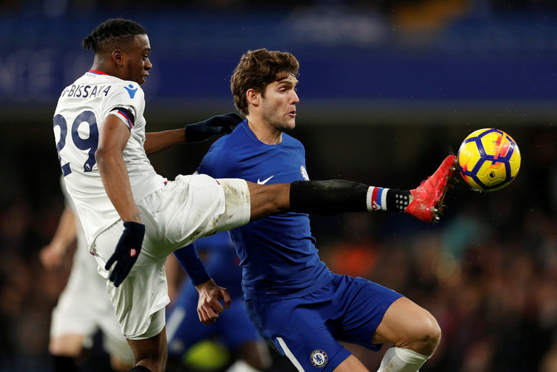 Chelsea's Marcos Alonso (right) in EPL action with Crystal Palaceu00e2u20acu2122s Aaron Wan-Bissaka at Stamford Bridge March 10, 2018. u00e2u20acu201d Reuters pic