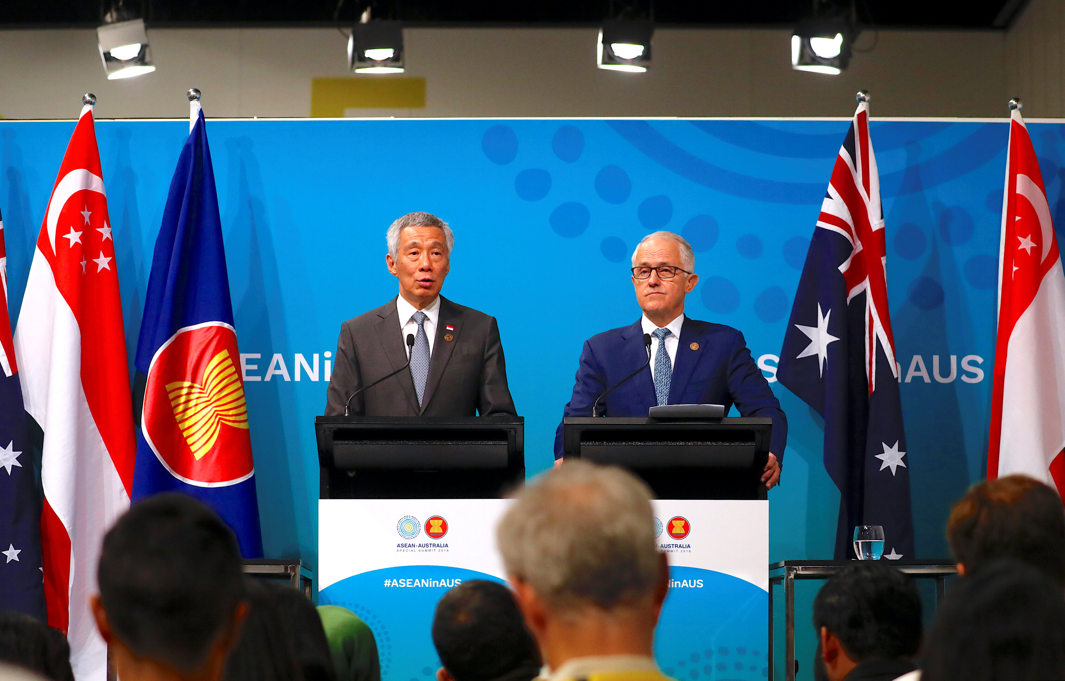 Australian Prime Minister Malcolm Turnbull stands with Prime Minister of Singapore Lee Hsien Loong during  the one-off summit of 10-member Asean in Sydney, Australia, March 18, 2018. u00e2u20acu201d Reuters pic 