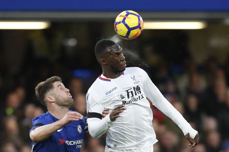 Crystal Palaceu00e2u20acu2122s Belgian striker Christian Benteke (right) heads the ball during the Premier League match between Chelsea and Crystal Palace at Stamford Bridge, London, March 10, 2018. u00e2u20acu201d AFP pic
